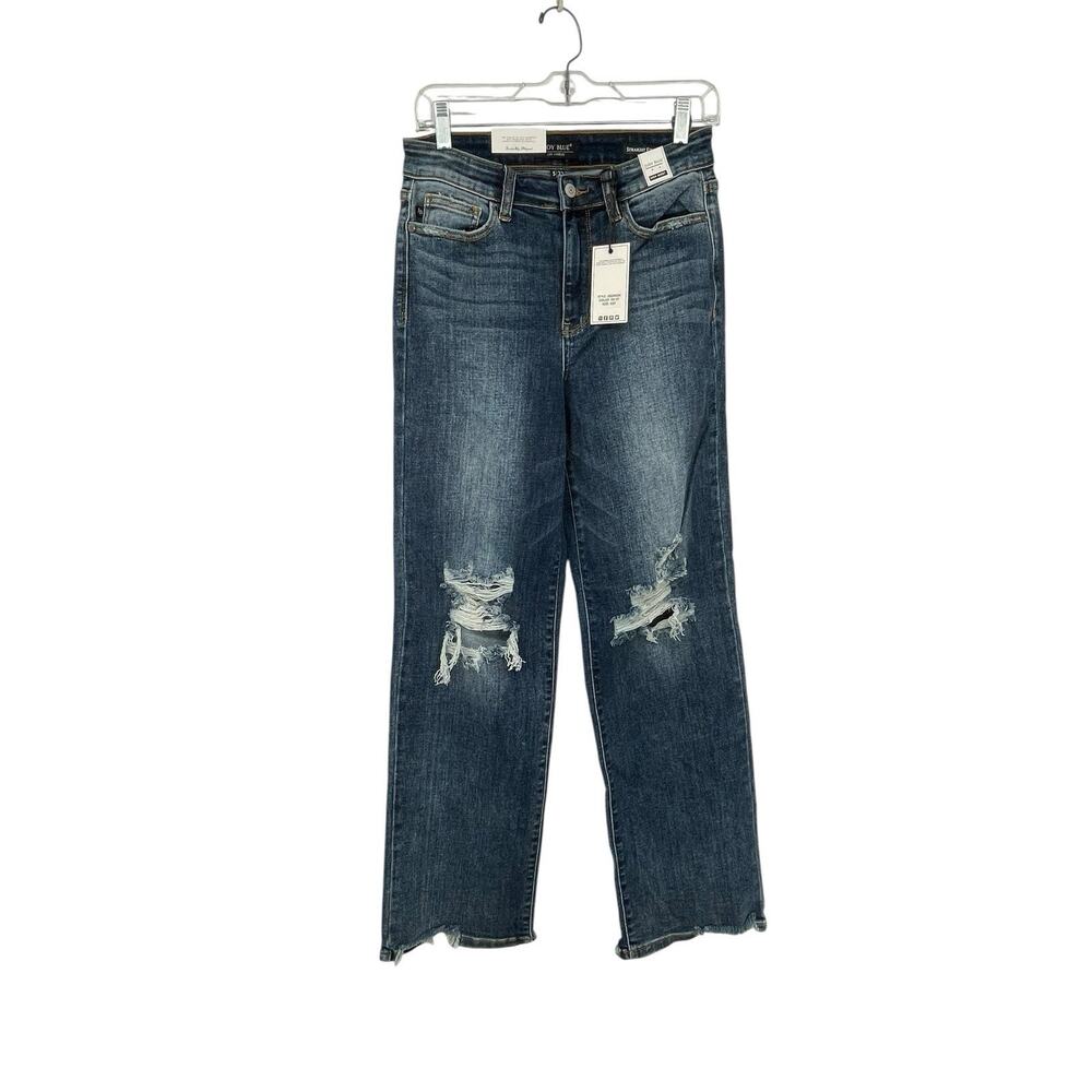 NWT Judy Blue High Rise Straight Leg Jeans Distressed Dark Wash Size 5 / 27